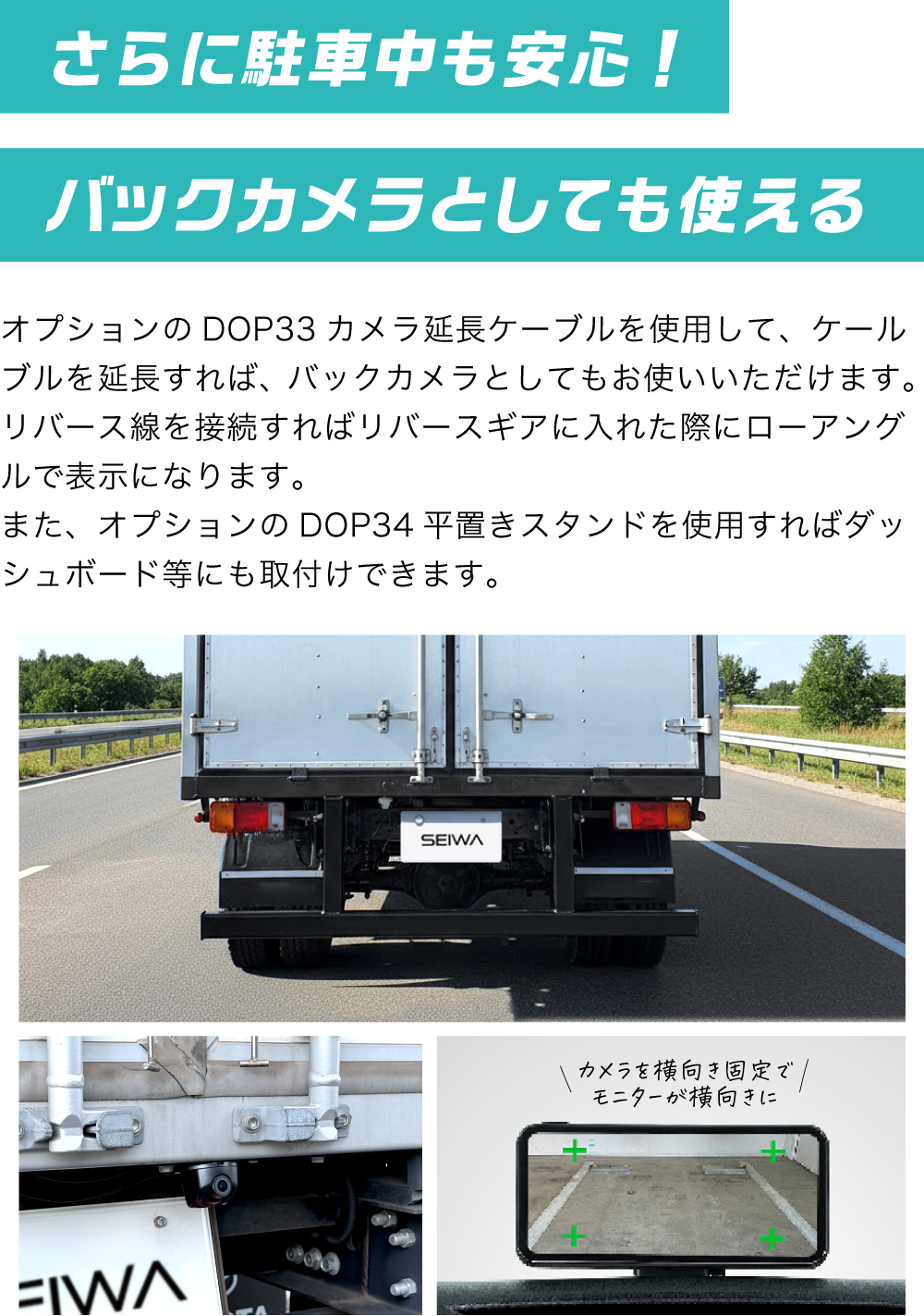 サイドカメラをリアに取付けている写真を並べて説明している画像